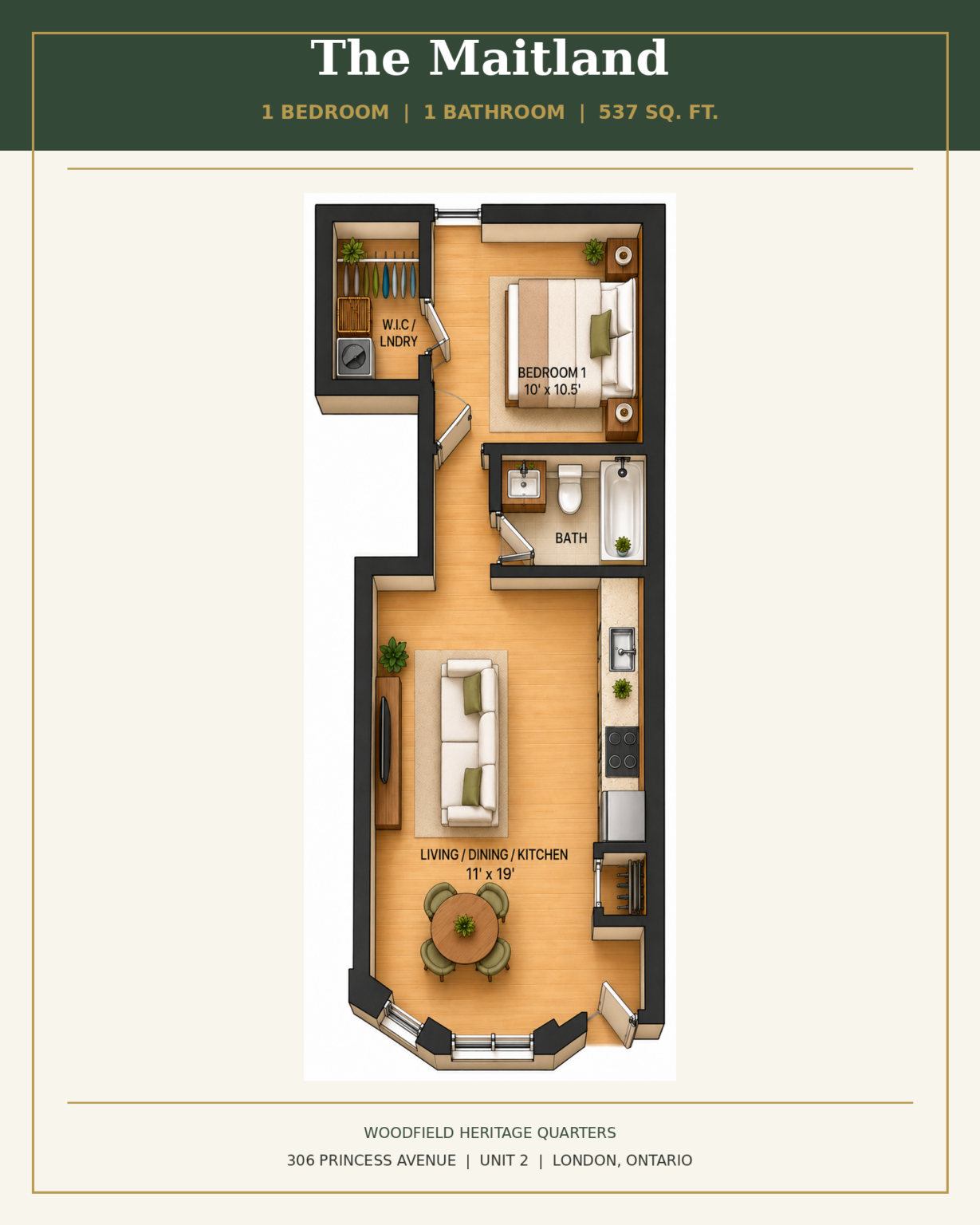 The Maitland - 1 bedroom, 1 bathroom, 537 square feet