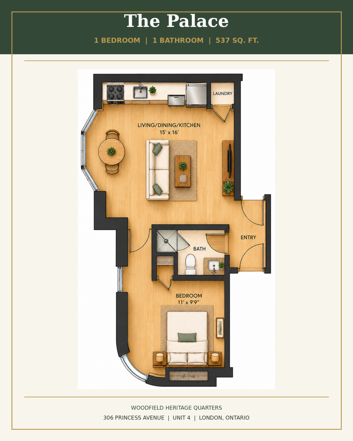 The Palace - 1 bedroom, 1 bathroom, 537 square feet
