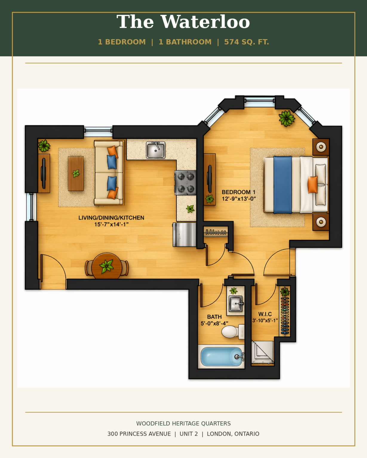 The Waterloo - 1 bedroom, 1 bathroom, 574 square feet
