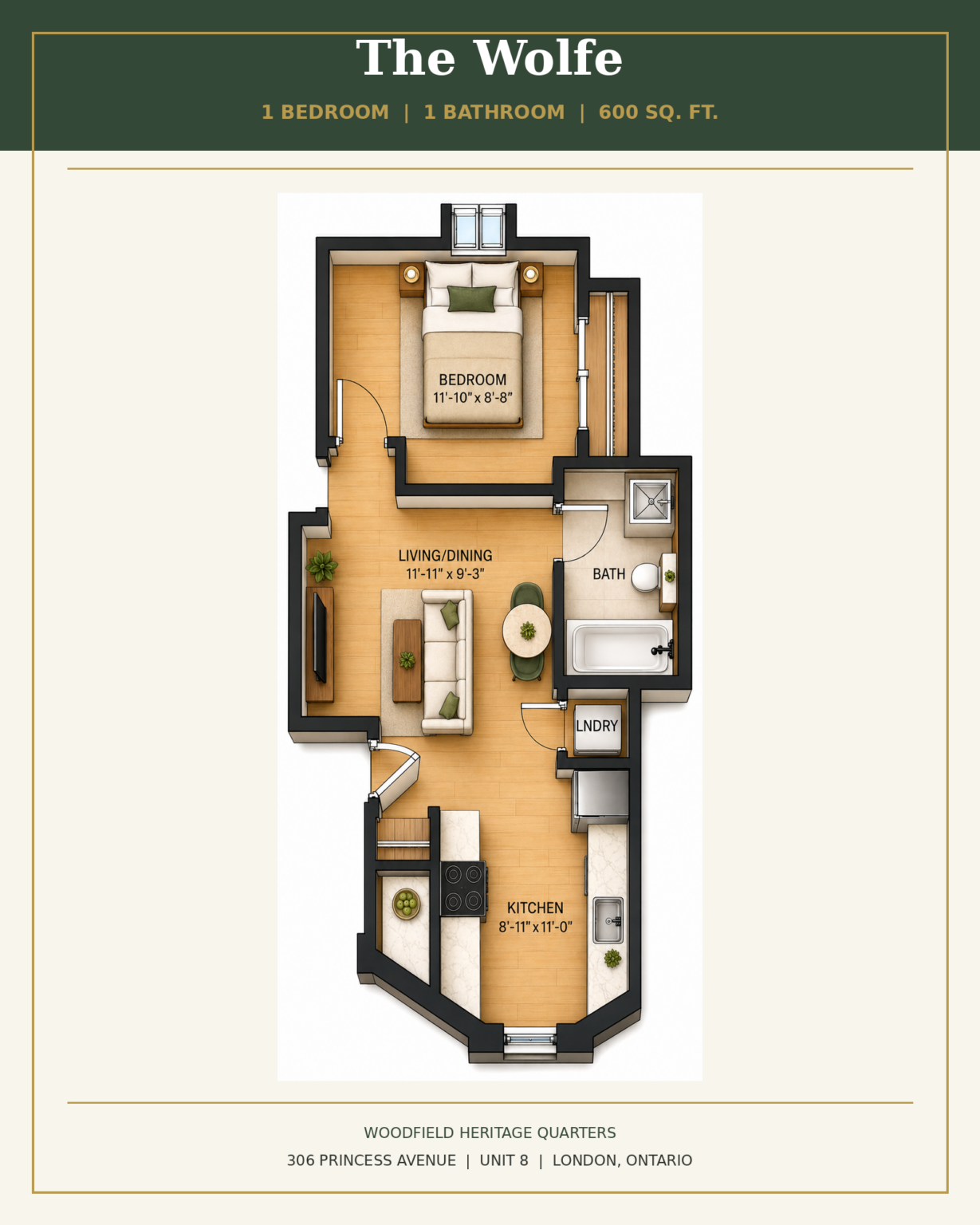 The Wolfe - 1 bedroom, 1 bathroom, 600 square feet