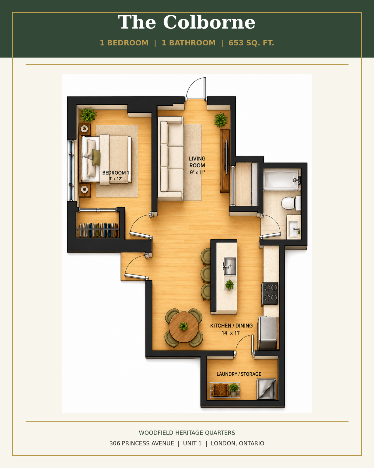 The Colborne - 1 bedroom, 1 bathroom, 653 square feet