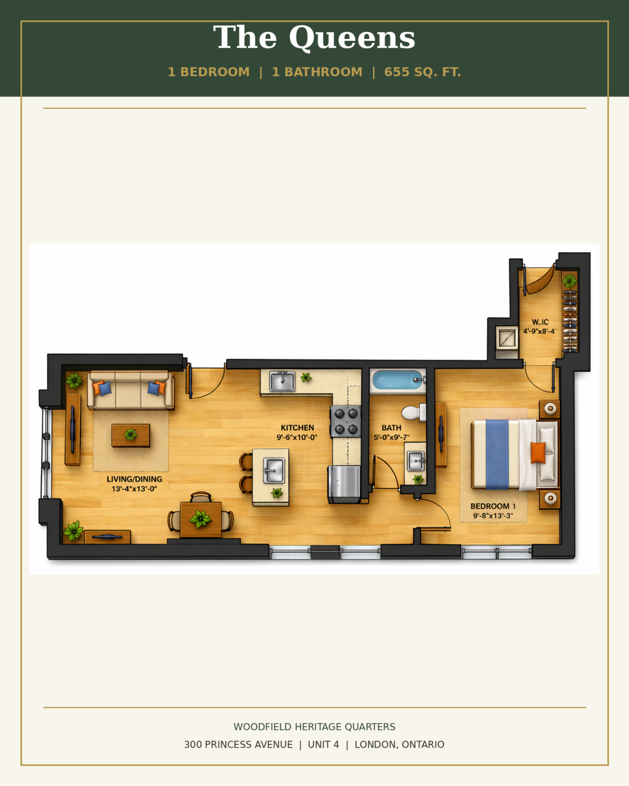 The Queens - 1 bedroom, 1 bathroom, 655 square feet
