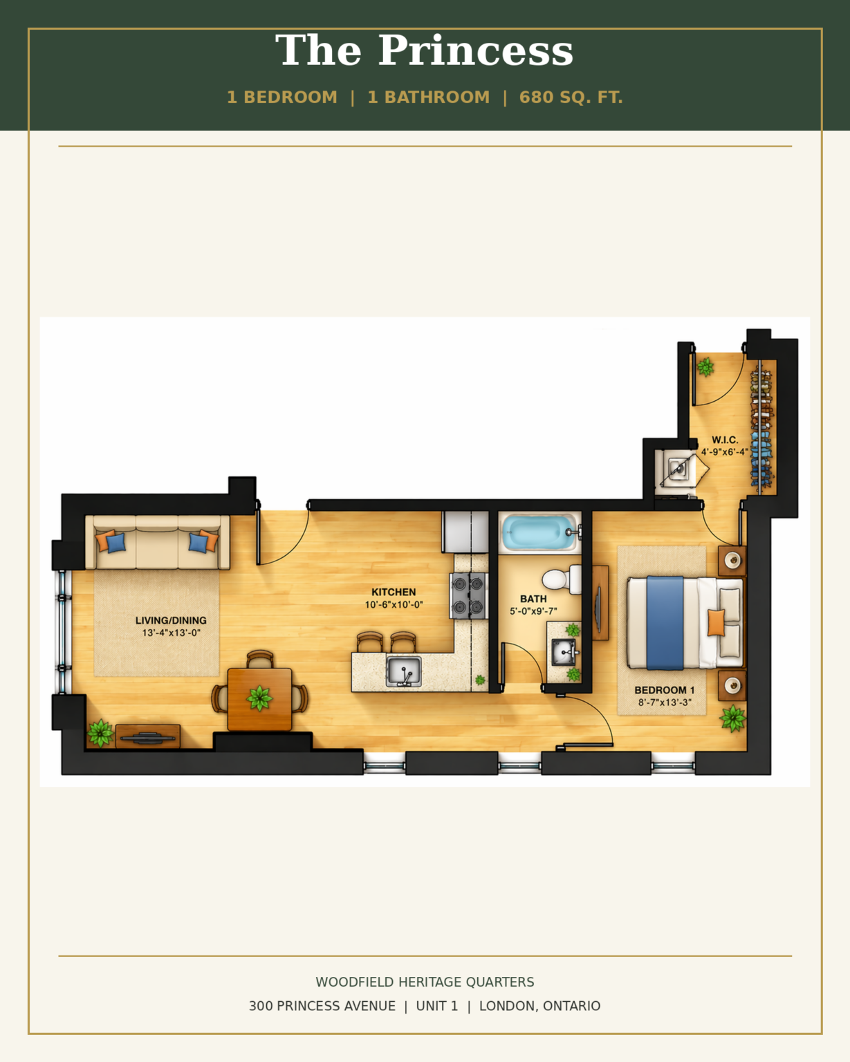 The Princess - 1 bedroom, 1 bathroom, 680 square feet
