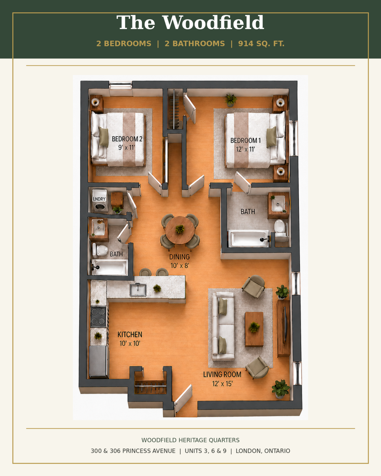 The Woodfield - 2 bedrooms, 2 bathrooms, 914 square feet