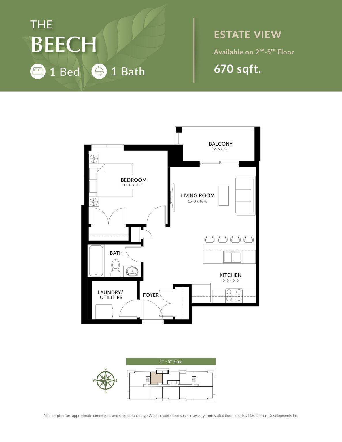 The Beech floor plan: 1 Bedroom · 1 Bath · 670 sq. ft.. Estate view, Floors 2–5.