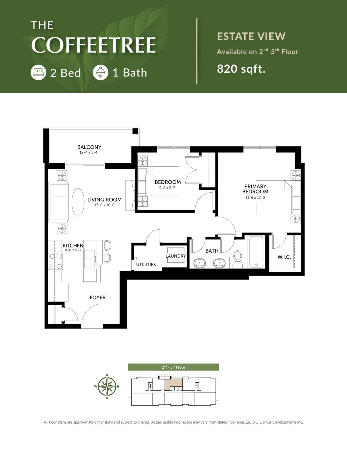 The Coffeetree floor plan: 2 Bedrooms · 1 Bath · 820 sq. ft.. Estate view, Floors 2–5.
