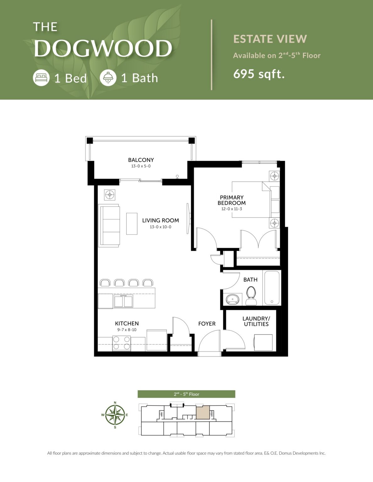 The Dogwood floor plan: 1 Bedroom · 1 Bath · 695 sq. ft.. Estate view, Floors 2–5.