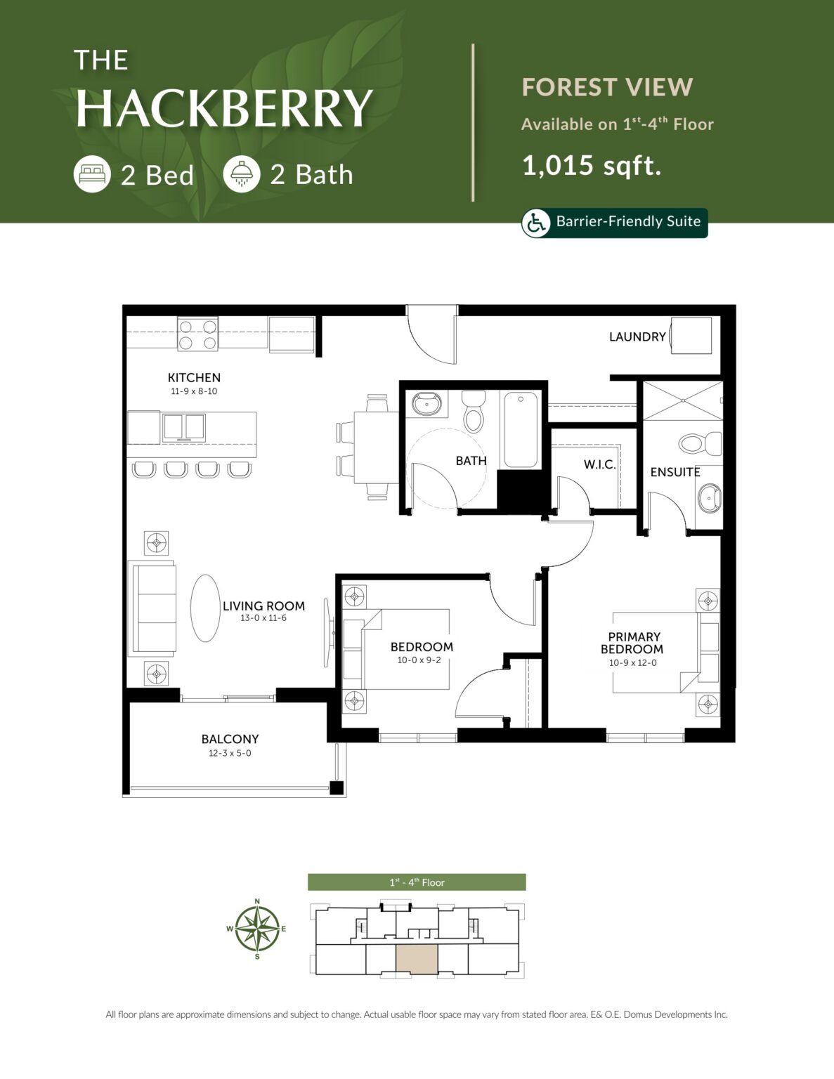 The Hackberry floor plan: 2 Bedrooms · 2 Baths · 1,015 sq. ft.. Forest view, Floors 1–4.