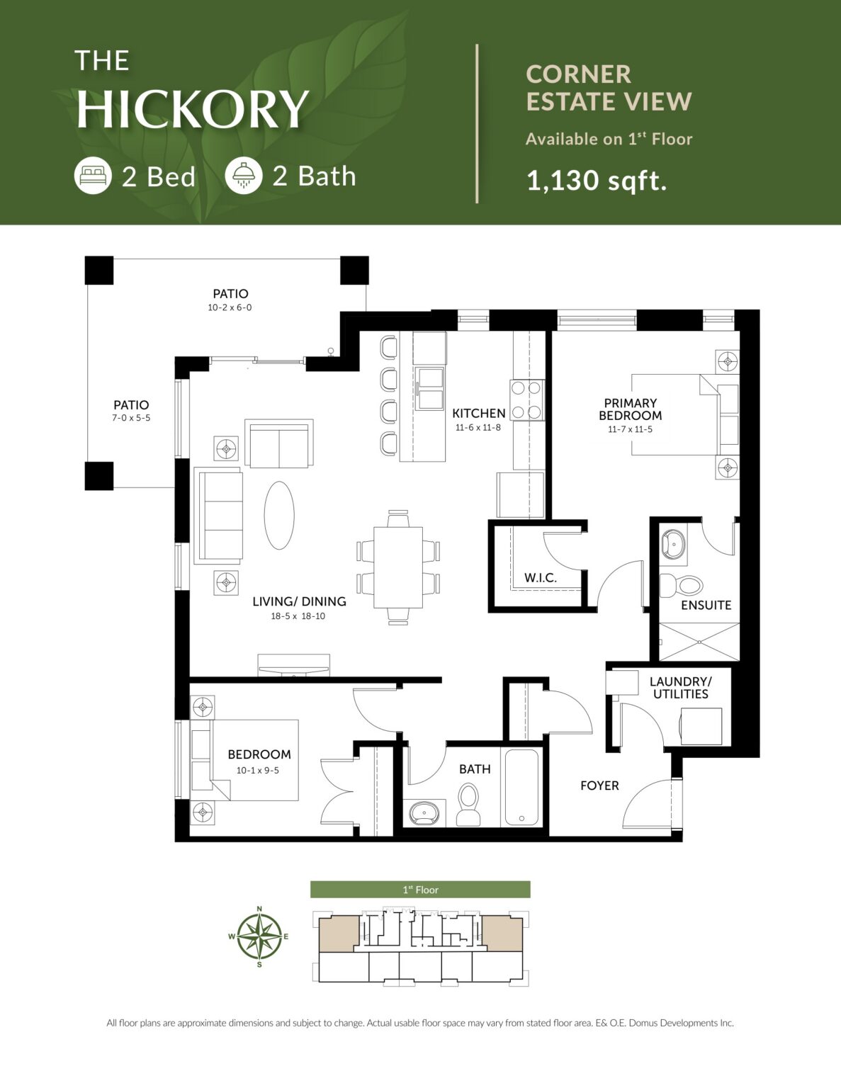 The Hickory floor plan: 2 Bedrooms · 2 Baths · 1,130 sq. ft.. Corner · Estate view, Floor 1.