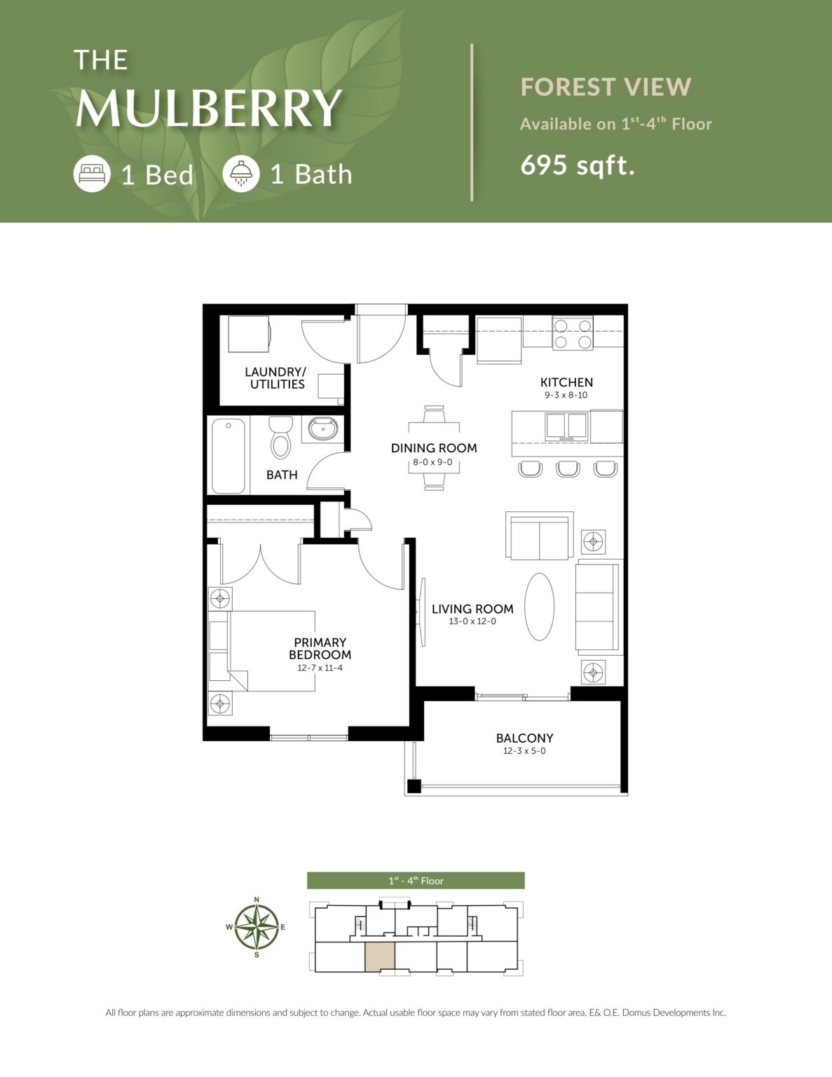 The Mulberry floor plan: 1 Bedroom · 1 Bath · 695 sq. ft.. Forest view, Floors 1–4.
