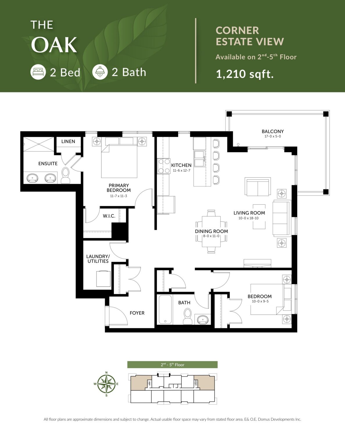 The Oak floor plan: 2 Bedrooms · 2 Baths · 1,210 sq. ft.. Corner · Estate view, Floors 2–5.