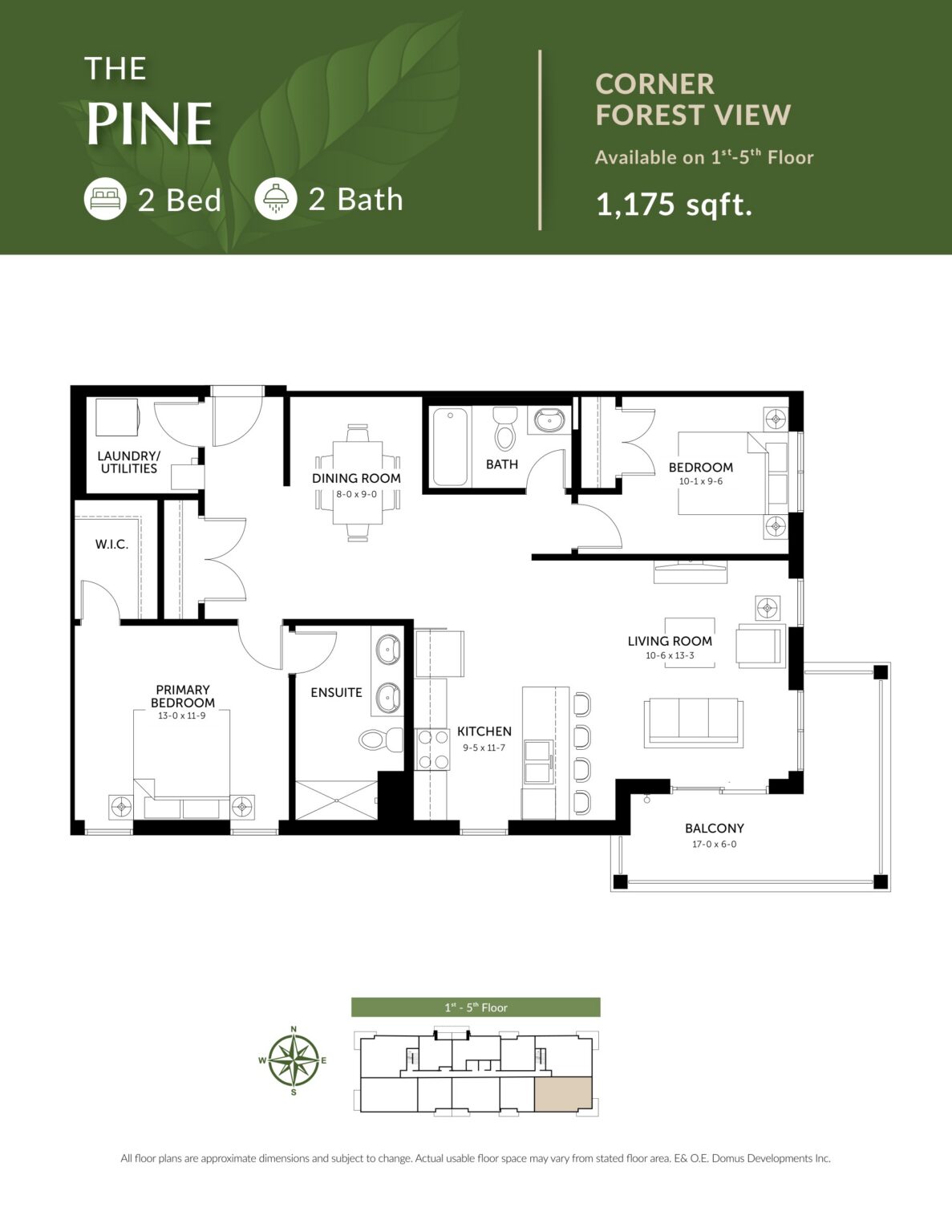 The Pine floor plan: 2 Bedrooms · 2 Baths · 1,175 sq. ft.. Corner · Forest view, Floors 1–5.