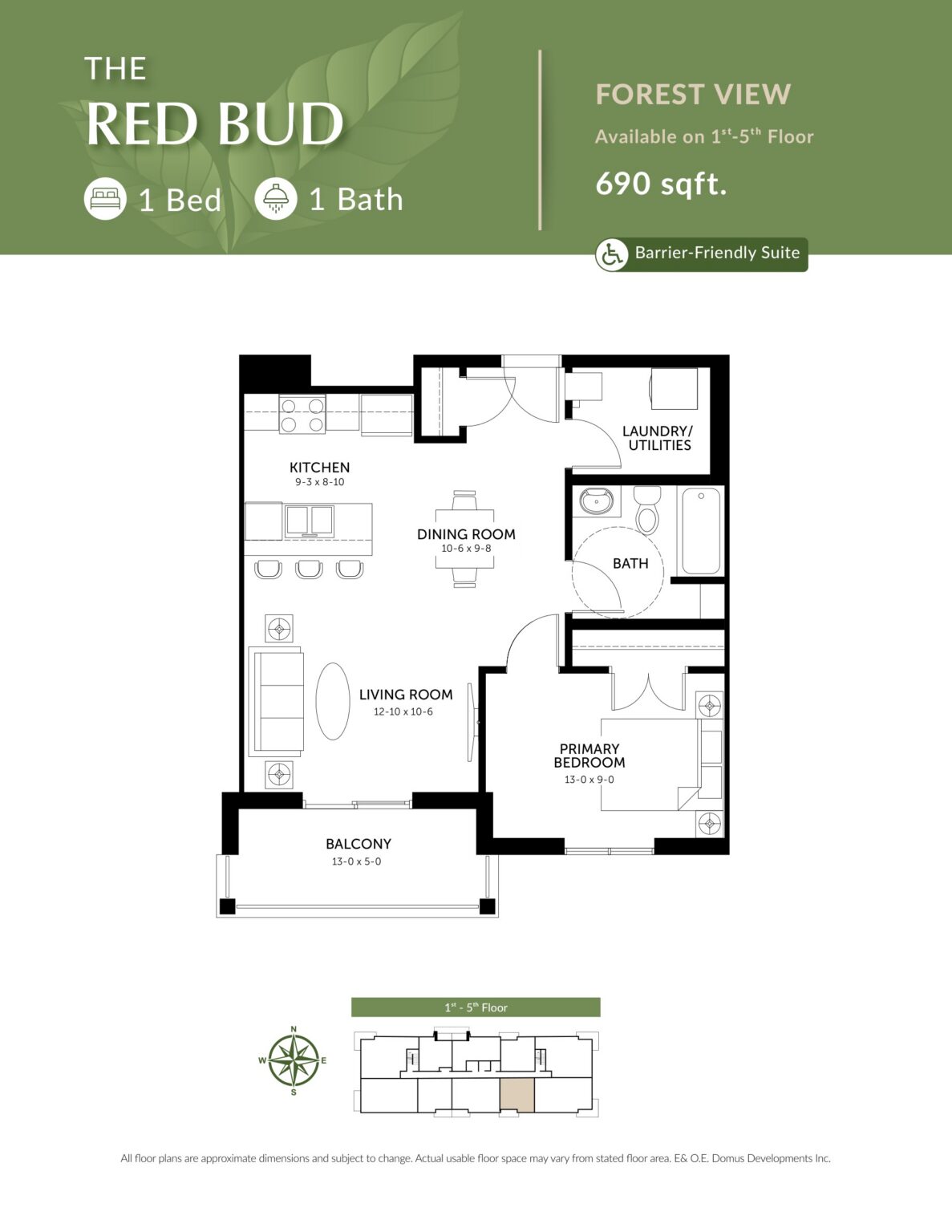 The Red Bud floor plan: 1 Bedroom · 1 Bath · 690 sq. ft.. Forest view, Floors 1–5.