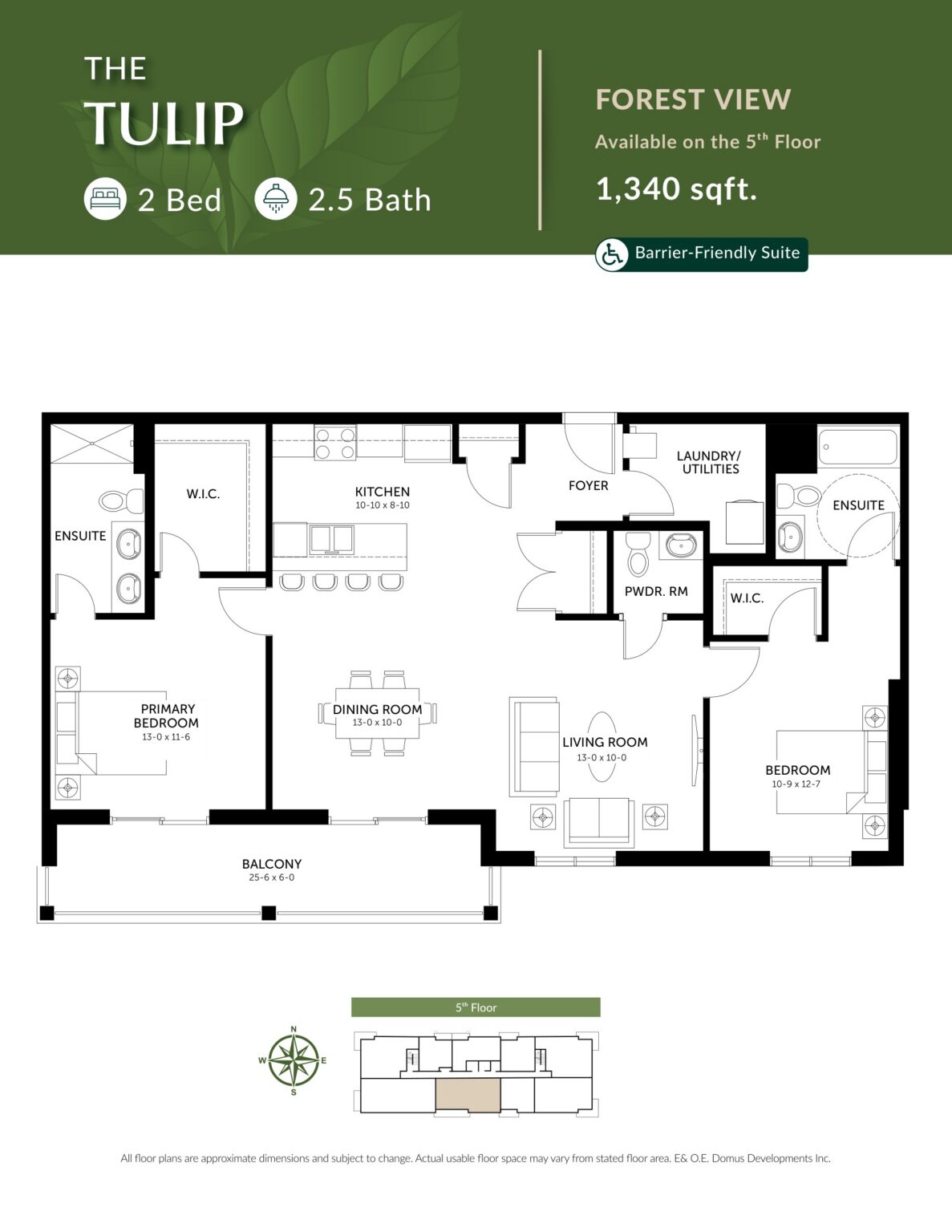 The Tulip floor plan: 2 Bedrooms · 2.5 Baths · 1,340 sq. ft.. Forest view, Floor 5.