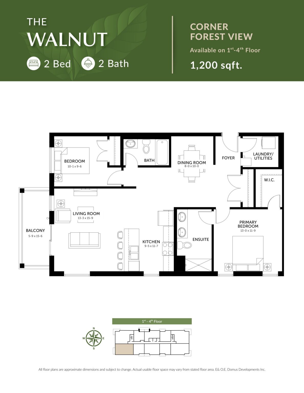 The Walnut floor plan: 2 Bedrooms · 2 Baths · 1,200 sq. ft.. Corner · Forest view, Floors 1–4.
